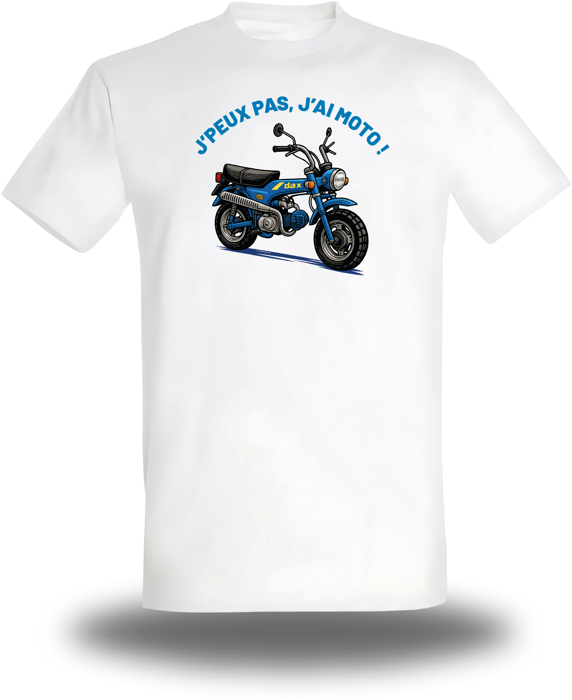 T-shirt blanc « J'peux pas, j'ai moto », design sport et voiture